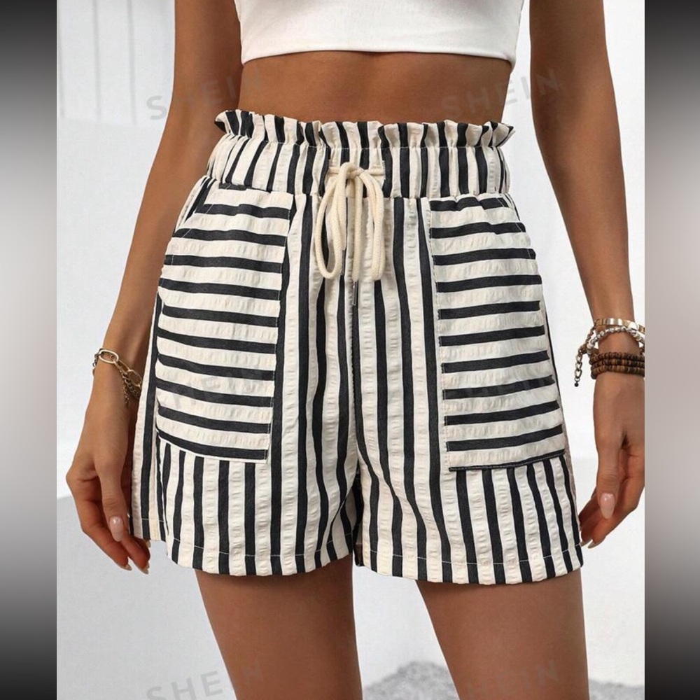 Striped High Waist Paper Bag Shorts